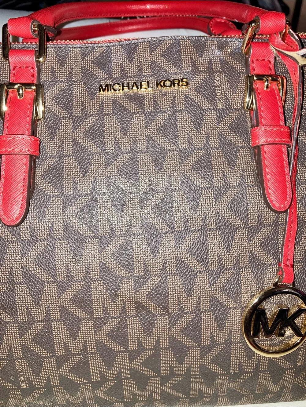 Michael Kors Brown Logo Satchel with Pink-Red Trim